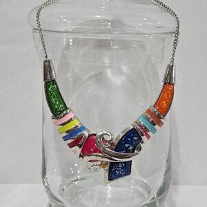 ARTISTICALLY CRAFTED BLUE ORANGE PINK GREEN ACRYLIC SILVER CHOKER NECKLACE BOLD